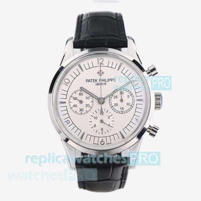 Swiss Clone TW Patek Philippe Complications White Dial Leather Strap Watch 